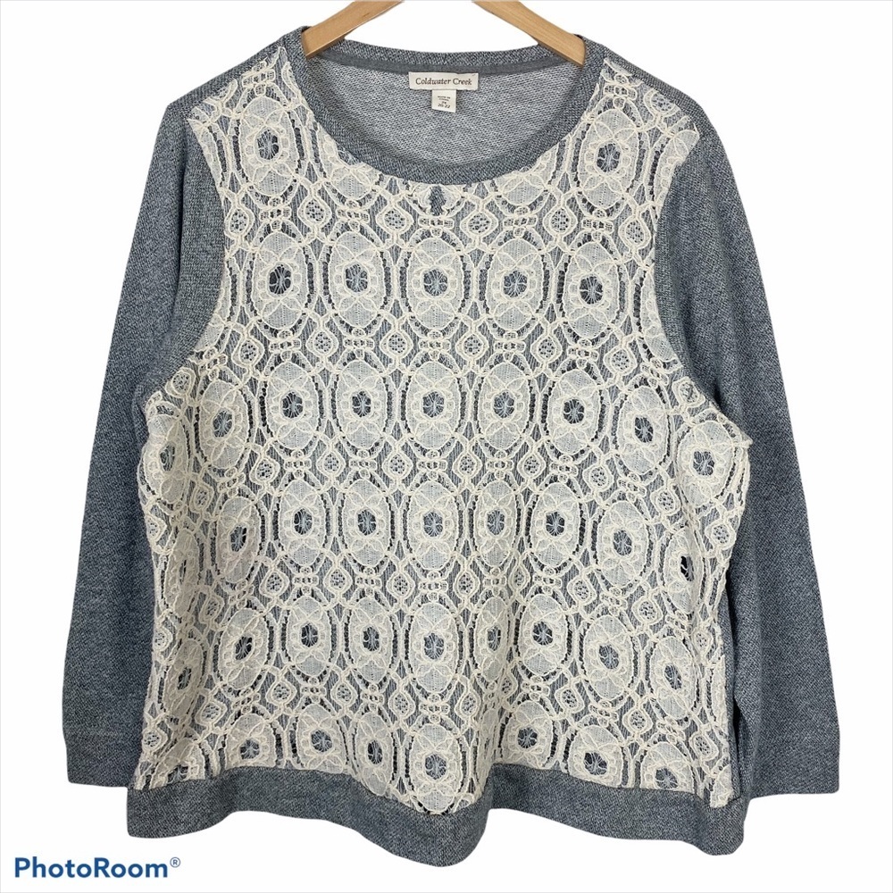 COLDWATER CREEK Gray Knit Lace Overlay Knit Pullover Top 2XL